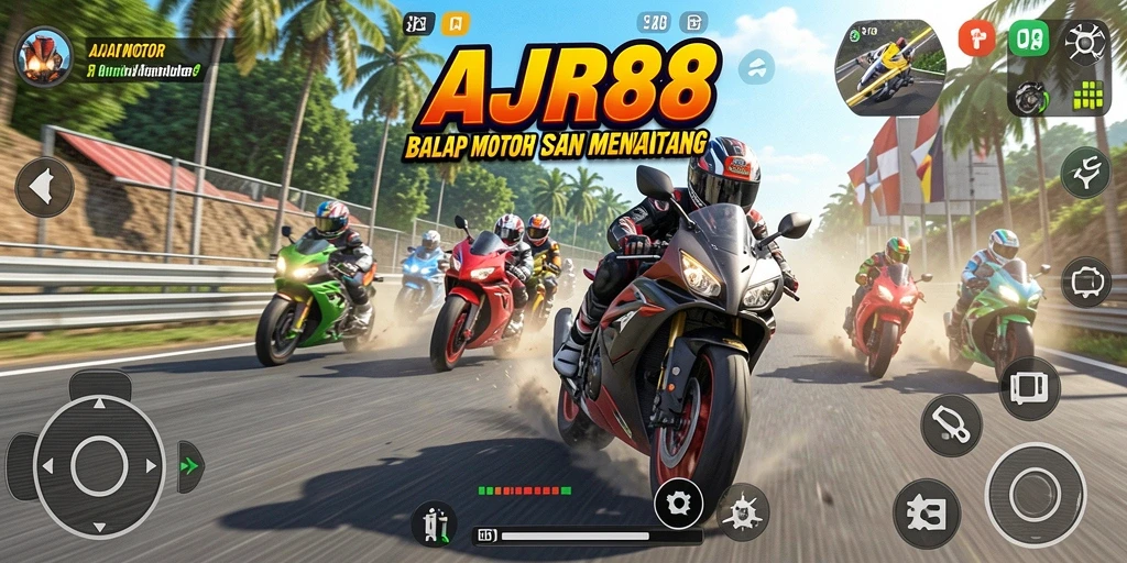Tampilan gameplay AJR88 dengan aksi balap motor yang mendebarkan.