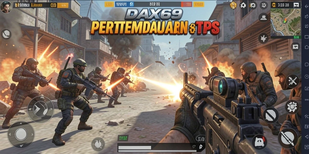 Screenshot utama DAX69 menunjukkan aksi seru di medan perang TPS.