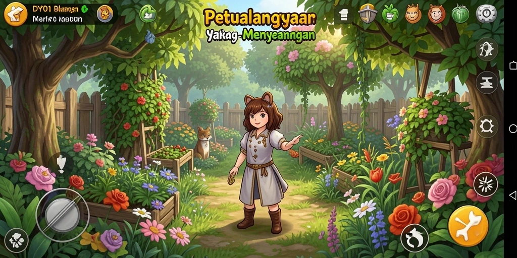 Tampilan gameplay DY01 dengan berbagai tanaman dan ladang yang indah.