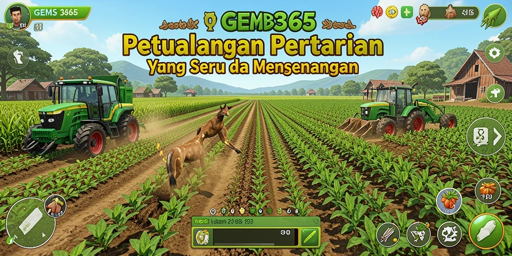 Tampilan gameplay seru di GEMS365 dengan berbagai tanaman dan aktivitas pertanian.