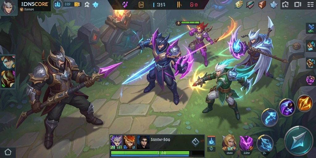Tampilan gameplay menarik dari IDNSCORE dalam pertempuran MOBA.