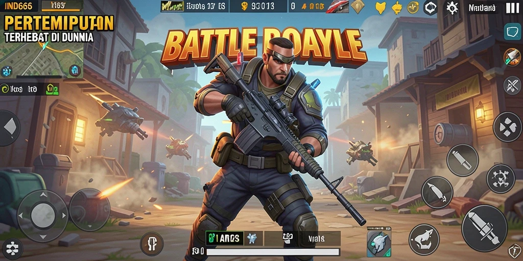 Screenshot IND666 menunjukkan aksi pertempuran epik dalam mode Battle Royale.
